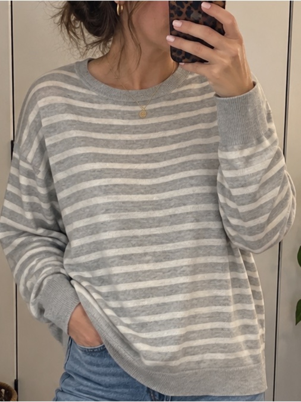 Caslon Striped Sweater Womens S Gray White Cotton Blend Crew Neck Pullover